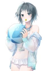 Rule 34 | 1girl, absurdres, arknights, ball, bare shoulders, beachball, cowboy shot, female focus, grey eyes, grey hair, hands up, highres, holding, holding ball, jacket, la pluma (arknights), la pluma (summer flowers) (arknights), lanyard, long sleeves, looking at viewer, mouth hold, navel, off shoulder, open clothes, open jacket, shabi96522, short hair, simple background, solo, standing, stomach, whistle, white background