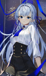 Rule 34 | 1girl, antenna hair, arms at sides, black skirt, blouse, blue eyes, blue necktie, blue ribbon, breasts, collared shirt, commentary request, cowboy shot, frilled sleeves, frills, hair ribbon, high-waist skirt, highres, long hair, looking at viewer, necktie, original, pantyhose, parted lips, ribbon, scottie (phantom2), shirt, silver hair, skirt, solo, standing, very long hair, white shirt