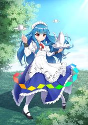Rule 34 | 1girl, absurdres, ambasa, apron, black footwear, blouse, blue hair, blue skirt, bow, bowtie, buttons, cup, dress shirt, frills, highres, hinanawi tenshi, long hair, long sleeves, maid, maid headdress, neck ribbon, pantyhose, plate, rainbow order, red bow, red eyes, ribbon, shirt, shoes, short sleeves, skirt, smile, solo, teacup, teapot, touhou, tray, v-shaped eyebrows, white pantyhose, white shirt, wing collar