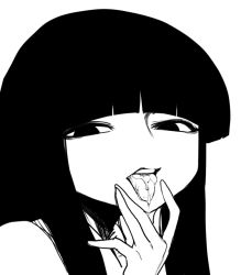 Rule 34 | 1girl, cum, cum in mouth, greyscale, high contrast, hime cut, houraisan kaguya, jitome, long hair, looking at viewer, monochrome, no nose, open mouth, oral invitation, simple background, solo, spacezin, tongue, tongue out, touhou, very long hair, white background