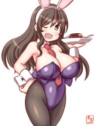 Rule 34 | 1girl, animal ears, artist logo, ashigara (kancolle), between breasts, black pantyhose, breasts, brown eyes, brown hair, covered navel, cowboy shot, curry, curry rice, detached collar, fake animal ears, food, hairband, kanon (kurogane knights), kantai collection, large breasts, leotard, long hair, looking at viewer, necktie, one-hour drawing challenge, pantyhose, plate, playboy bunny, purple leotard, rabbit ears, rabbit tail, red necktie, rice, solo, strapless, strapless leotard, tail, wavy hair, wrist cuffs