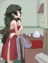 Rule 34 | 1girl, bag, bare arms, bare shoulders, bed, bed sheet, bedroom, blush, breasts, cleavage, eyebrows, from side, green eyes, green hair, half-closed eyes, highres, hiyajou maho, indoors, lingerie, long hair, menomorute, messy hair, nightgown, panties, plastic bag, small breasts, solo, standing, steins;gate, steins;gate 0, underwear, very long hair, white panties