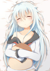 Rule 34 | 1girl, absurdres, bare shoulders, commentary request, closed eyes, food, hibiki (kancolle), highres, kantai collection, long hair, lying, messy hair, no headwear, no headwear, hugging object, off shoulder, on back, pillow, pillow hug, silver hair, skirt, sleeping, solo, sorahachi (sora823), takoyaki, upper body