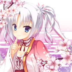 Rule 34 | 1girl, album cover, blue eyes, blush, branch, breasts, cherry blossoms, cleavage, closed mouth, cover, eyes visible through hair, finger to mouth, flower, gradient background, hair flower, hair ornament, head tilt, highres, indoors, japanese clothes, kimono, kobuichi, long hair, long sleeves, looking at viewer, miko, official art, parted bangs, purple background, red ribbon, red tassel, ribbon, senren banka, sidelocks, small breasts, smile, solo, tomotake yoshino, twintails, very long hair, white background, white flower, white hair, white kimono, wide sleeves