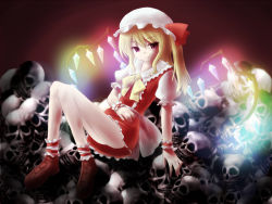 Rule 34 | 1girl, blonde hair, expressionless, female focus, flandre scarlet, glowing, hat, mob cap, natsu no koucha, red eyes, side ponytail, sitting, skull, solo, touhou, wings, wrist cuffs