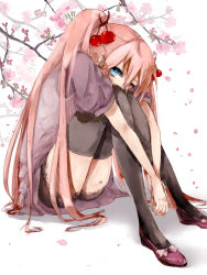 Rule 34 | 1girl, bad id, bad pixiv id, blue eyes, cherry, cherry blossoms, food, fruit, hatsune miku, hugging own legs, kuwa (katko), long hair, name connection, object namesake, pink hair, sakura miku, shoes, sitting, solo, thighhighs, twintails, very long hair, vocaloid