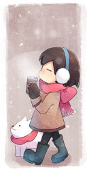 Rule 34 | 1girl, absurdres, black footwear, black pants, boots, border, brown gloves, brown hair, brown jacket, chibi, closed eyes, cup, frisk (undertale), from side, gloves, highres, holding, holding cup, jacket, outdoors, pants, red scarf, scarf, smoke, snowing, undertale, walking, white border, white dog, xox xxxxxx
