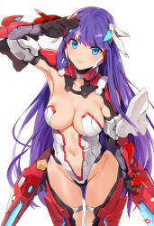 Rule 34 | 1girl, absurdres, adapted costume, arm up, blue eyes, blunt bangs, bodysuit, breasts, closed mouth, commentary, cowboy shot, earrings, fate/grand order, fate (series), gauntlets, gloves, headgear, highres, hip focus, impossible bodysuit, impossible clothes, jewelry, large breasts, leotard, long hair, looking at viewer, martha (aerial drive) (fate), martha (fate), mecha musume, navel, purple hair, salute, signature, simple background, solo, thighs, turtleneck, white background, white leotard, yd (orange maru)