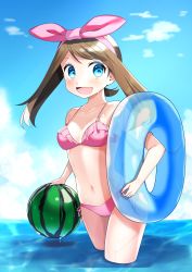 Rule 34 | 1girl, :d, absurdres, bad id, bad pixiv id, bikini, blue eyes, blue sky, blush, bow, breasts, brown hair, cleavage, cloud, collarbone, creatures (company), day, food, fruit, game freak, hair bow, hairband, highres, innertube, long hair, looking at viewer, may (pokemon), navel, nintendo, open mouth, outdoors, parted bangs, pink bikini, pink bow, pink hairband, pokemon, pokemon rse, shiny skin, side-tie bikini bottom, sky, small breasts, smile, solo, standing, swim ring, swimsuit, transparent, twintails, wading, watermelon, wet, yuihico
