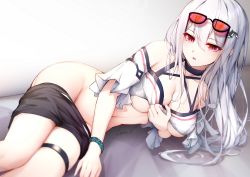 Rule 34 | 1girl, arknights, bare shoulders, black choker, black shorts, breasts, choker, cleavage, clothes pull, commentary request, eyewear on head, female focus, groin, hair between eyes, highres, large breasts, leria v, long hair, looking at viewer, lying, navel, off-shoulder shirt, off shoulder, official alternate costume, on side, pink eyes, red eyes, shirt, short shorts, short sleeves, shorts, shorts pull, skadi (arknights), skadi (waverider) (arknights), solo, stomach, sunglasses, thigh strap, thighs, white hair, white shirt