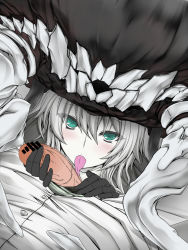 Rule 34 | 10s, 1boy, 1girl, admiral (kancolle), bad id, bad pixiv id, bar censor, black gloves, blush, censored, colored skin, gloves, grey hair, hat, highres, kantai collection, licking, penis, pointless censoring, short hair, sorono wa soro, tentacles, white skin, wo-class aircraft carrier