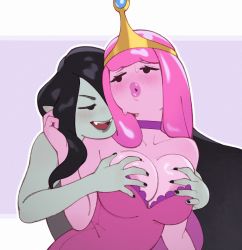 Rule 34 | 2girls, adventure time, areola slip, black nails, blush, grabbing another&#039;s breast, breasts, colored skin, dress, fangs, grabbing, grey skin, highres, large breasts, long hair, marceline abadeer, multiple girls, nail polish, open mouth, pink hair, pink skin, pointy ears, princess bonnibel bubblegum, riz, smile, sweat, upper body, vampire, very long hair, yuri
