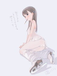 Rule 34 | 1girl, arm support, ass, bare arms, bare shoulders, blue bow, blush, bow, braid, breasts, brown eyes, brown hair, dress, food, food in mouth, full body, hair bow, highres, ice skates, kokudou juunigou, leg warmers, long hair, mouth hold, original, panties, panties under pantyhose, pantyhose, parted lips, pocky, purple background, short dress, simple background, skates, small breasts, solo, translated, underwear, white dress, white panties, white pantyhose