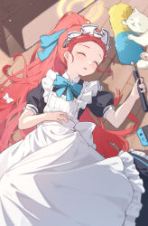 Rule 34 | 1girl, absurdres, animal, apron, black dress, blue archive, blush, bow, cat, chiyo akira, closed eyes, dated, dress, duster, floor, frilled apron, frills, hair bow, halo, handheld game console, highres, long hair, maid, maid headdress, nintendo switch, official alternate costume, open mouth, puffy short sleeves, puffy sleeves, red hair, short sleeves, signature, solo, white apron, white bow, yellow halo, yuzu (blue archive), yuzu (maid) (blue archive)