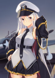 Rule 34 | 1girl, aircraft, airplane, arm up, azur lane, black necktie, blush, breasts, closed mouth, coat, cowboy shot, enterprise (azur lane), grey thighhighs, hand on own hip, hat, highres, jun project, large breasts, looking at viewer, military, military uniform, miniskirt, necktie, open clothes, open coat, peaked cap, pleated skirt, purple eyes, revision, silver hair, skirt, solo, thighhighs, uniform, zettai ryouiki