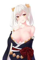 Rule 34 | 1girl, :q, absurdres, arm at side, bad id, bad pixiv id, bare shoulders, black kimono, blush, bracelet, braid, breasts, character request, cleavage, collarbone, commentary request, detached sleeves, earrings, eyeshadow, finger to face, french braid, grey hair, hair between eyes, hair ornament, hand up, head tilt, highres, hoop earrings, japanese clothes, jewelry, kimono, kirisame koiiro, large breasts, looking at viewer, makeup, medium hair, sash, sennen sensou aigis, sidelocks, simple background, smile, solo, standing, tongue, tongue out, twintails, white background, wide sleeves, yellow eyes