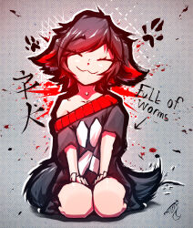 Rule 34 | 1boy, :3, absurdres, animal ears, black hair, black shirt, closed mouth, collarbone, collared shirt, crosshatching, dog boy, dog ears, dog girl, dog tail, english text, floofsmear, fluffy, full body, hatching (texture), highres, huge filesize, mixed media, multicolored hair, off shoulder, original, oversized clothes, paw print, shirt, short hair, short sleeves, sitting, smile, solo, tail, thick outlines, thighs, two-tone hair