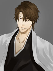 1boy 46take_e aizen_sousuke black_kimono bleach brown_eyes brown_hair collarbone commentary eyebrows_hidden_by_hair grey_background hair_between_eyes haori highres japanese_clothes kimono lips looking_at_viewer male_focus mature_male no_eyewear nose one_eye_closed parted_lips short_hair simple_background smile solo tsurime upper_body v-shaped_eyebrows