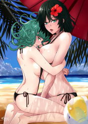 Rule 34 | 10s, 2016, 2girls, alternate breast size, ass, back, ball, beach, bikini, bikini bottom aside, black bikini, black hair, blue sky, blush, breasts, clothing aside, cloud, cloudy sky, curly hair, dated, eyelashes, female focus, flower, from side, fubuki (one-punch man), green eyes, green hair, hair flower, hair ornament, hibiscus, highres, huge breasts, illusionk, large breasts, lips, long hair, looking at viewer, multiple girls, nipple piercing, nipple rings, one-punch man, open mouth, outdoors, parted lips, piercing, sand, short hair, siblings, side-tie bikini bottom, signature, sisters, sitting, sky, slingshot swimsuit, straddling, sweat, swimsuit, tatsumaki, topfreedom, topless, water, wet