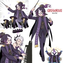 2girls blue_archive character_name conductor conductor_baton gregorius_(blue_archive) halo highres hina_(blue_archive) hina_(dress)_(blue_archive) holding_baton humanization instrument multicolored_hair multiple_girls music official_alternate_costume orchestra personification playing_instrument playing_piano purple_hair sheet_music sweatdrop teaching washin white_hair