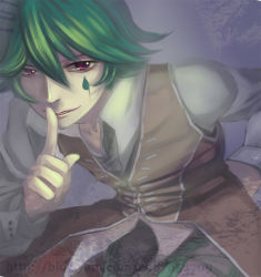 Rule 34 | 1boy, alphoccio basil, brown jacket, clown (ragnarok online), collarbone, collared shirt, commentary request, cowboy shot, facial tattoo, finger to mouth, green hair, green pants, hair between eyes, hand on own hip, jacket, leaning forward, long sleeves, looking at viewer, male focus, pants, parted lips, ragnarok online, red eyes, shirt, short hair, simple background, sixc, sleeveless, sleeveless jacket, smile, solo, tattoo, teardrop tattoo, watermark, web address, white background, white shirt, wing collar