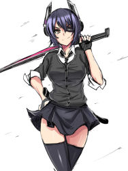 Rule 34 | 10s, 1girl, bad id, bad pixiv id, cardigan, checkered clothes, checkered necktie, checkered neckwear, eyepatch, fingerless gloves, gloves, hand on own hip, headgear, kantai collection, looking at viewer, necktie, personification, purple hair, scabbard, sheath, short hair, sketch, smile, solo, sword, tenryuu (kancolle), thighhighs, ulrich (tagaragakuin), weapon, yellow eyes