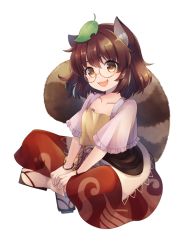 Rule 34 | 1girl, animal ear fluff, animal ears, bracelet, brown eyes, brown hair, collarbone, commission, fang, futatsuiwa mamizou, geta, glasses, indian style, jewelry, leaf, leaf on head, open mouth, raccoon ears, raccoon tail, round eyewear, sen1986, short hair, short sleeves, simple background, sitting, skeb commission, solo, tabi, tail, touhou, white background