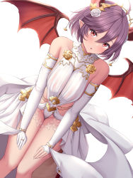 Rule 34 | 1girl, bare shoulders, blush, breasts, detached sleeves, dragon girl, dragon horns, dragon tail, dragon wings, dress, elbow gloves, gloves, granblue fantasy, grea (shingeki no bahamut), highres, horns, large breasts, looking at viewer, melopun, open mouth, pointy ears, purple hair, red eyes, shingeki no bahamut, short dress, short hair, single detached sleeve, single elbow glove, solo, tail, thighs, tiara, white dress, white gloves, wings