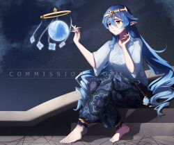 Rule 34 | 1girl, :o, ahrara, alternate costume, anklet, baggy pants, barefoot, blue hair, blue sleeves, bright pupils, casual, claw ring, commission, commissioner upload, contemporary, diadem, drill hair, feet, full body, genshin impact, hair between eyes, hair ornament, highres, jewelry, layla (genshin impact), long hair, night, open mouth, outdoors, pants, parted lips, pointy ears, shirt, sitting, sitting on stairs, sky, solo, stairs, star (sky), starry sky, stone floor, t-shirt, toenails, toes, very long hair, vision (genshin impact), watermark, white pupils, wide sleeves