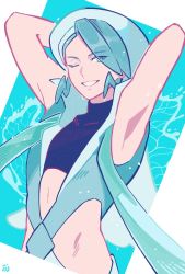 Rule 34 | 1boy, aqua vest, armpits, arms behind head, bare arms, blue shirt, capelet, commentary request, creatures (company), crop top, cropped shirt, game freak, green eyes, green hair, grin, hat, highres, looking at viewer, male focus, nintendo, omyo (myomyomyo22), one eye closed, pokemon, pokemon oras, shirt, short hair, signature, skin tight, sleeveless, sleeveless shirt, smile, solo, upper body, wallace (pokemon), white capelet