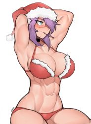 Rule 34 | 1girl, abs, absurdres, armpits, arms behind head, arms up, artist name, bikini, blue eyes, blush, breasts, choker, christmas, commentary, cowboy shot, english commentary, food, hair over one eye, hat, highres, large breasts, maya (roadi3), muscular, muscular female, navel, original, pocky, purple hair, roadi3, santa bikini, santa hat, scar, scar on face, scar on nose, short hair, simple background, solo, swimsuit, twitter username, watermark, white background