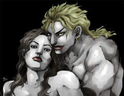 Rule 34 | 1boy, 1girl, birthmark, black background, blonde hair, brown hair, closed mouth, commentary, dio brando, english commentary, giorno&#039;s mother, hetero, joestar birthmark, jojo no kimyou na bouken, laura maria, long hair, looking at viewer, muscular, muscular male, nude, red lips, smile, vento aureo, yellow eyes