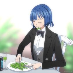 Rule 34 | 1girl, absurdres, black bow, black bowtie, black jacket, blue hair, blurry, blurry background, bocchi the rock!, bow, bowtie, brand name imitation, breasts, buttons, can, chair, champagne flute, closed eyes, collared shirt, commentary, cup, dress shirt, drink can, drinking glass, eating, energy drink, food, food in mouth, fork, formal, grey vest, highres, holding, holding fork, holding knife, jacket, knife, lapels, leaf, long sleeves, medium hair, monster energy, notched lapels, on chair, open clothes, open jacket, plate, salad, shapoco, shirt, sitting, small breasts, soda can, solo, suit jacket, table, traditional bowtie, tuxedo, twitter username, upper body, vegetable, vest, white shirt, yamada ryo