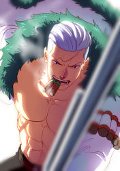 Rule 34 | 1boy, abs, bare pectorals, cigar, coat, eilinna, facial hair, fur-trimmed coat, fur trim, hair slicked back, holding, holding weapon, long sideburns, male focus, mature male, muscular, muscular male, no nipples, one piece, open clothes, open coat, pectorals, short hair, sideburns, smoker (one piece), smoking, solo, stitches, stomach, stubble, upper body, weapon, white hair