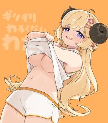 Rule 34 | 1girl, ahoge, animal ears, blonde hair, braid, breasts, clothes lift, commentary request, hair ornament, hairclip, highres, hololive, horns, large breasts, lifted by self, long hair, looking at viewer, mota, navel, no bra, open mouth, orange background, purple eyes, sheep ears, sheep girl, sheep horns, shirt, shirt lift, short shorts, shorts, sleeveless, sleeveless shirt, smile, solo, teasing, translation request, tsunomaki watame, underboob, undressing, very long hair, virtual youtuber, white shirt, white shorts