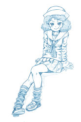 Rule 34 | 1girl, bbb (friskuser), blouse, blue theme, blush stickers, closed mouth, commentary, curly hair, dixie cup hat, girls und panzer, hat, highres, loafers, long sleeves, looking at viewer, loose socks, military hat, miniskirt, monochrome, neckerchief, ooarai naval school uniform, pleated skirt, print socks, red eyes, rum (girls und panzer), sailor, sailor collar, school uniform, shadow, shirt, shoes, short hair, single horizontal stripe, sitting, skirt, smile, socks, solo