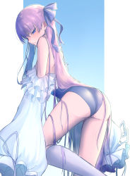 Rule 34 | 1girl, absurdres, artist request, ass, bare shoulders, blue background, blue eyes, blue one-piece swimsuit, blue ribbon, blush, border, breasts, fate/grand order, fate (series), frills, gradient background, hair ribbon, highleg, highleg swimsuit, highres, long hair, looking at viewer, looking back, meltryllis, meltryllis (fate), meltryllis (swimsuit lancer) (fate), meltryllis (swimsuit lancer) (second ascension) (fate), off-shoulder one-piece swimsuit, off shoulder, one-piece swimsuit, puffy sleeves, purple hair, ribbon, sleeves past fingers, sleeves past wrists, small breasts, solo, swimsuit, thighs, very long hair, white border