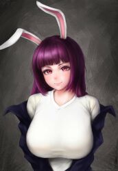 Rule 34 | 1girl, absurdres, animal ears, blunt bangs, breasts, closed mouth, dark background, grey background, head tilt, highres, huge breasts, jacket, long hair, looking at viewer, open clothes, open jacket, purple hair, rabbit ears, red eyes, reisen udongein inaba, shirt, simple background, solo, touhou, upper body, white shirt, yyf (seaknight)