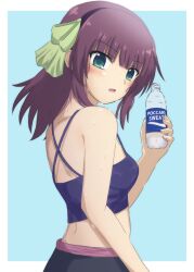 Rule 34 | 1girl, angel beats!, bare arms, bare shoulders, black hairband, blunt bangs, blush, border, bottle, bow, brand name imitation, commentary, cowboy shot, criss-cross halter, exhausted, eyes visible through hair, from side, green bow, green eyes, hair bow, hairband, halterneck, hand up, highres, holding, holding bottle, lelie (lelie link), blue background, looking at viewer, medium hair, nakamura yuri, open mouth, paid reward available, purple hair, simple background, solo, sports bra, straight hair, sweat, tsurime, water bottle, white border