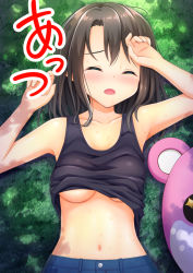 Rule 34 | 10s, 1girl, ^ ^, arms up, bang dream!, black hair, black tank top, blush, breasts, closed eyes, clothes lift, collarbone, commentary request, hot, iwamoto sora, long hair, lying, mascot head, medium breasts, michelle (bang dream!), navel, okusawa misaki, on back, on ground, open mouth, outdoors, shirt lift, solo, sweat, tank top, underboob, upper body