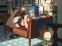 Rule 34 | 1girl, 2019, ai-chan (playstation), bare legs, barefoot, black shorts, blue eyes, blue hair, blurry, blurry background, blush, bookshelf, chinese commentary, collarbone, commentary, controller, copyright notice, couch, dualshock, eyelashes, flower, full body, game console, game controller, gamepad, hair ornament, handheld game console, highres, indoors, lamp, legs, light bulb, long hair, looking at viewer, lying, midriff, nail polish, navel, on couch, on side, picture frame, pink flower, pink nails, pink shirt, playstation 3, playstation controller, playstation portable, shadow, shirt, shoes, short shorts, shorts, single shoe, smile, sneakers, soles, solo, sony, strap slip, tank top, tile floor, tiles, unworn shoe, unworn shoes, vase, vofan