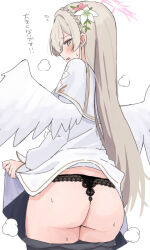 Rule 34 | 1girl, ass, black panties, blue archive, braid, brown hair, capelet, clothes lift, commentary request, dress, dress lift, from behind, halo, heavy breathing, highres, lifted by self, long hair, looking at viewer, looking back, nagisa (blue archive), panties, pink halo, simple background, solo, sweat, translation request, tsumayouji (tumayog), underwear, white background, white capelet, white dress, white wings, wings