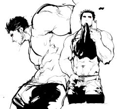 Rule 34 | 1boy, abs, bara, beard stubble, before and after, belt, black hair, clothes in mouth, cropped legs, facial hair, from side, fukurau, greyscale, hair slicked back, laird (fukurau), large pectorals, leaning forward, long sideburns, male focus, mature male, monochrome, mouth hold, multiple views, muscular, muscular male, navel, navel hair, nipples, open belt, original, pectorals, portrait, profile, red eyes, selfie, shirt in mouth, short hair, sideburns, sketch, sparse navel hair, spot color, stomach, stubble, thick eyebrows, white background