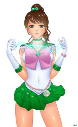 Rule 34 | 1990s (style), 1girl, bishoujo senshi sailor moon, bow, brown hair, choker, earrings, elbow gloves, electricity, gloves, green eyes, green skirt, hair bobbles, hair ornament, highres, jewelry, khalitzburg, kino makoto, leotard, lightning, lips, long hair, looking at viewer, magical girl, miniskirt, open mouth, pink bow, pleated skirt, ponytail, pretty guardian sailor moon, retro artstyle, sailor collar, sailor jupiter, shiny skin, simple background, skirt, solo, watch, white background, white gloves, wind, wind lift, wristwatch