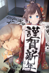 Rule 34 | 1girl, absurdres, animal, animal ears, animal on head, animal on shoulder, blush, brown hair, calligraphy brush, closed mouth, commentary request, dog, dog ears, facepaint, floral print, flower, hair flower, hair ornament, highres, holding, indoors, ink, japanese clothes, katoroku, kimono, kneeling, labrador retriever, long sleeves, looking at viewer, new year, on head, original, paintbrush, paw print, red kimono, shiba inu, short hair, smile, solo, tareme, tatami, translation request, v-shaped eyebrows, wide sleeves