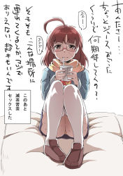 Rule 34 | 1girl, ahoge, blush, glasses, kubocha, looking at viewer, meme, original, simple background, sitting, solo, they had lots of sex afterwards (meme), thighhighs, translation request, white background, white thighhighs