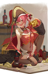 Rule 34 | 1girl, :d, absurdres, alcohol, barrel, black coat, black footwear, black hat, bloop (gawr gura), blush, bodystocking, boots, bottle, breasts, brown thighhighs, cleavage, coat, coin, commentary, covered navel, cropped jacket, cup, dokuro-kun (houshou marine), fang, full body, gold, gold coin, hair ribbon, hat, heart, heart-shaped pupils, heterochromia, highres, holding, holding cup, hololive, hololive english, houshou marine, houshou marine (1st costume), jacket, knee up, large breasts, long hair, long sleeves, miniskirt, off shoulder, open clothes, open coat, open mouth, pirate hat, pouring, pouring onto self, red eyes, red hair, red jacket, red ribbon, red skirt, ribbon, ruiuncle, see-through, see-through cleavage, skirt, sleeveless, sleeveless jacket, smile, solo, symbol-shaped pupils, thighhighs, twintails, virtual youtuber, wine, wine bottle, yellow eyes