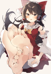 Rule 34 | 1girl, absurdres, artist request, black hair, blush, bow, bowtie, brown eyes, commission, feet, foot focus, foreshortening, frilled hair tubes, frills, grey background, hair tubes, hakurei reimu, highres, legs together, long hair, simple background, skeb commission, soles, solo, swept bangs, toes, touhou, very long hair, yellow bow, yellow bowtie
