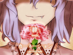 Rule 34 | 1girl, carnation, close-up, fang, fang out, flower, head out of frame, light smile, out of frame, purple hair, remilia scarlet, solo, touhou, worthlessvalor