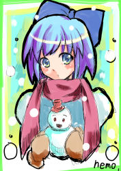 Rule 34 | bad id, bad pixiv id, blue eyes, blue hair, bow, cirno, hair bow, hat, mittens, nemo (marmeid331), perfect cherry blossom, scarf, short hair, snowman, solo, top hat, touhou